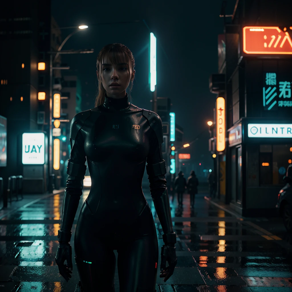 High detail RAW color photo of a sci-fi scene featuring a sleek,humanoid android robot with glowing features,riding a high tech  through the neon-lit streets of a densely populated city during the heavy rain: ("Blade Runner 2049" and  concept art style inspiration),while the environment is packed with details like neon sign boards,reflective pavements,and blurred lights in the backdrop,setting a futuristic cyberpunk aesthetic,natural colors,backlighting,depth of field,natural lighting,