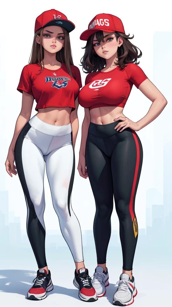 2 girls, multiple girls,(high-level image quality),(hight quality),(hight resolution),(detaileds),(masterpiece),(artwork:1.2), (realistic),looking at viewer, Detailed eyes, perfect eyes, Detailed face,(baseball cap),dynamic pose,(fully white background),((leggings)),(tiny top),(upperboob),(lineart),(side by side), (sports sneakers), standing,