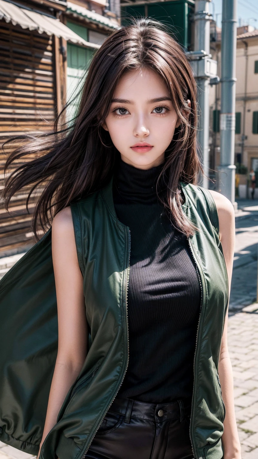 italian girl anime version (Controlling wind energy, Purple eyes and light brown medium hair, Italian green and black sleeveless clothes and jackets)
