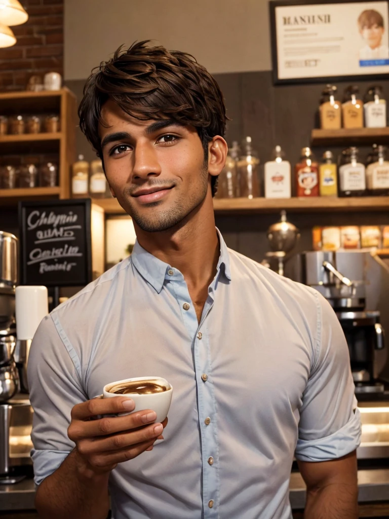 (best quality), 1boy, Male, 28 years old, tanned skin, brown hair, short hair, ruffled hair, swept bangs, brown eyes, perfect eyes, stubble, muscular, smile, handsome, strong jawline, Carlos Oliveira, broad, barista uniform, masterpiece, anatomically correct, highres