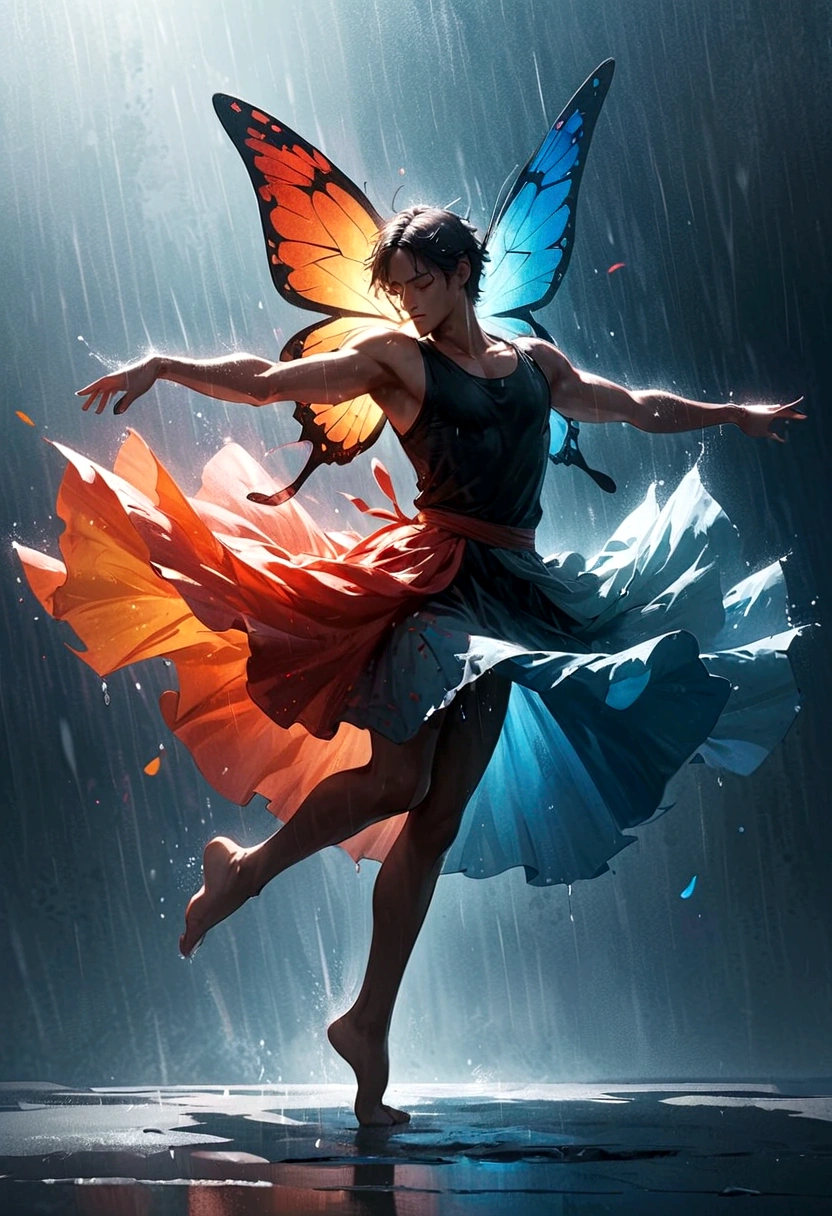 Soul Dancer Mark,A homeless man dancing alone in the rain，soul，Barefoot，Loose and worn clothes，Professional ballet movements，Fingertips 1 butterfly，Very contagious，Splash，Light and Shadow，Minimalism，artistic conception，Clean background