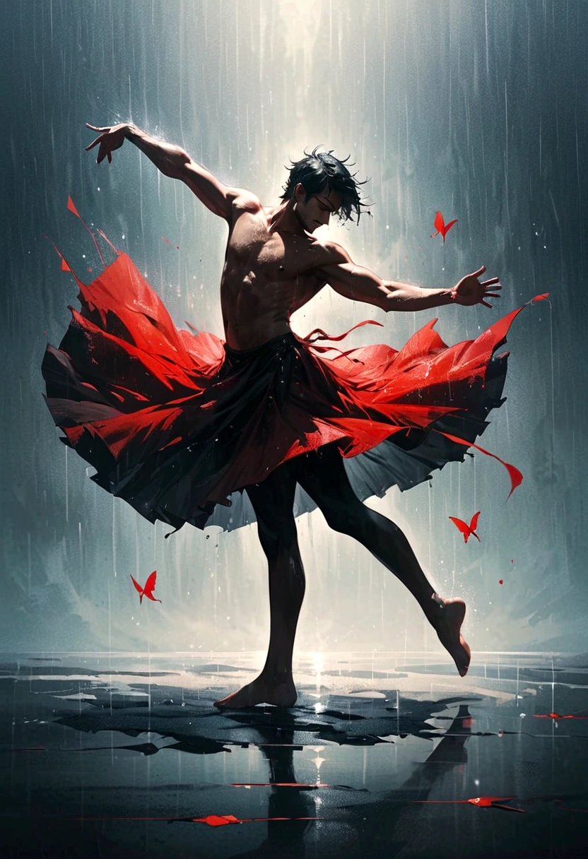 Soul Dancer Mark,A homeless man dancing alone in the rain，soul，Barefoot，Loose and worn clothes，Professional ballet movements，Fingertips 1 butterfly，Very contagious，Splash，Light and Shadow，Minimalism，artistic conception，Clean background