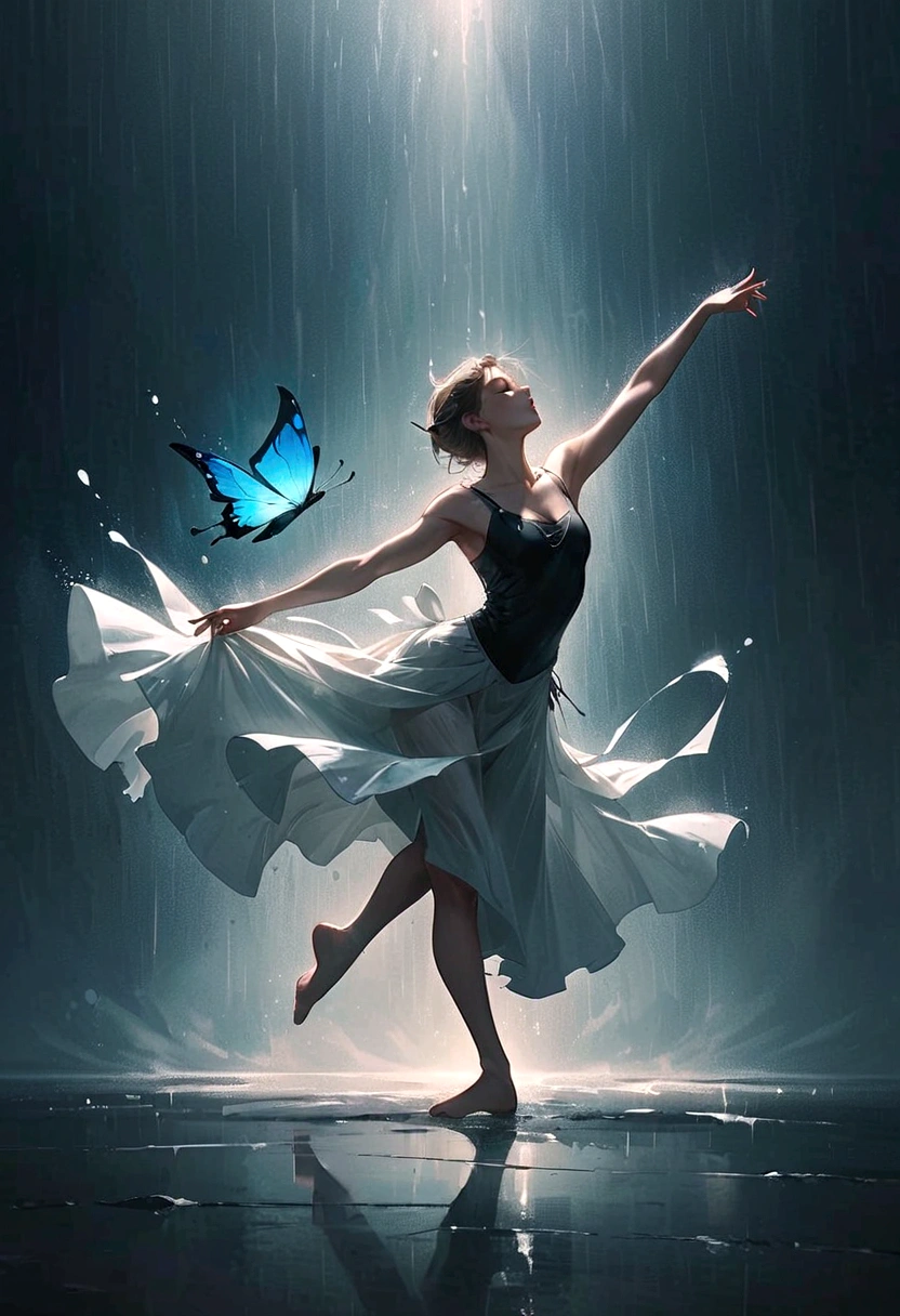 Soul Dancer Mark,A homeless man dancing alone in the rain,soul,Barefoot,Loose and worn clothes,Professional ballet movements,Fingertips 1 butterfly,Very contagious,Splash,Light and Shadow,Minimalism,artistic conception,Clean background