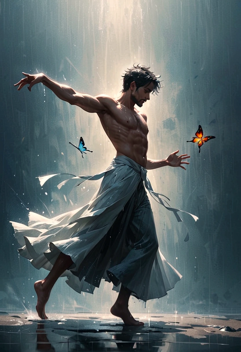 Soul Dancer Mark,A homeless man dancing alone in the rain，soul，Barefoot，Loose and worn clothes，Professional ballet movements，Fingertips 1 butterfly，Very contagious，Splash，Light and Shadow，Minimalism，artistic conception，Clean background