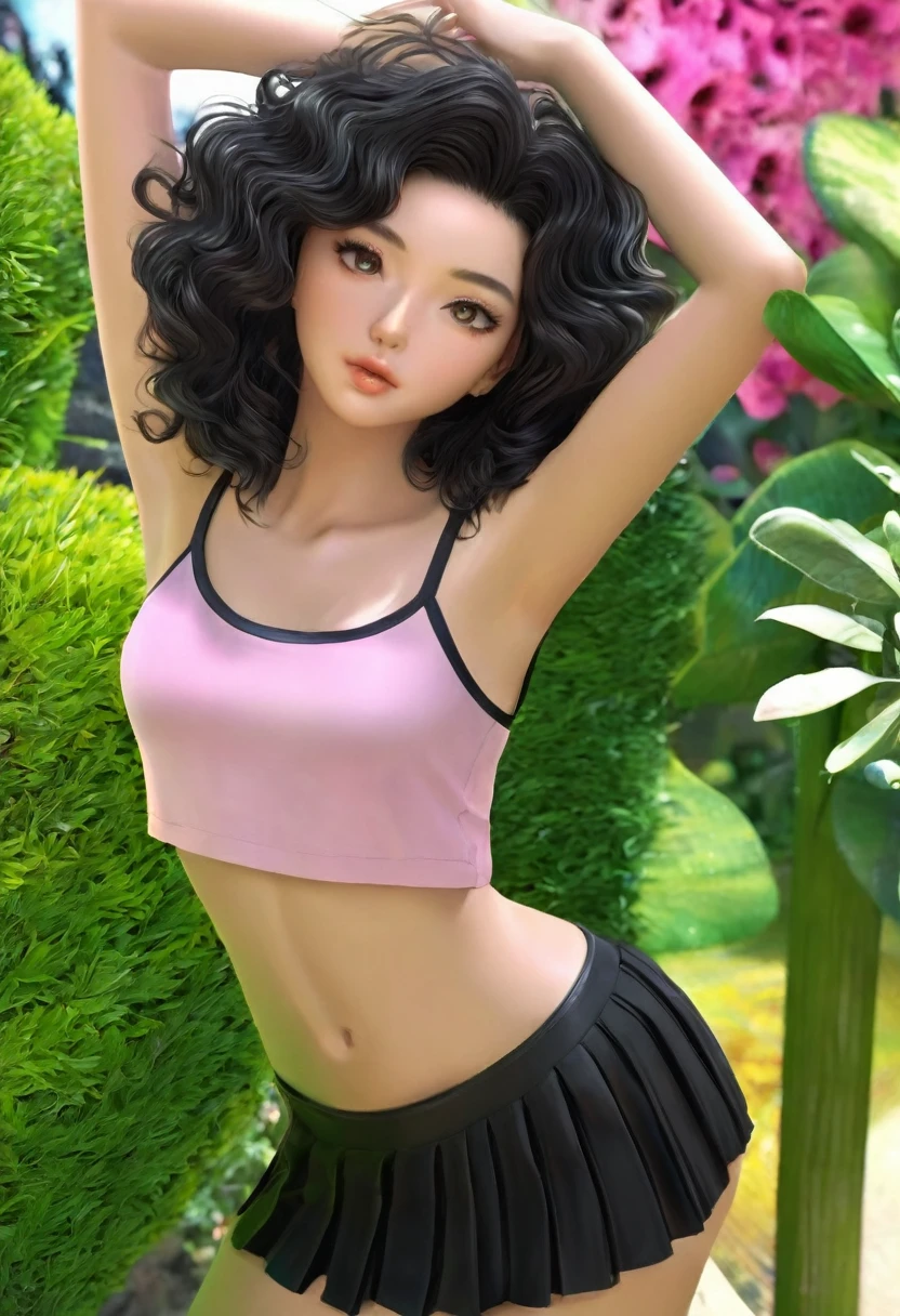 (1ガール),18-years old, youthful appearance, skin black, shoulder length black curly hair, beautiful, full lips with a natural shade of pink, beautiful and detailed, very beautiful and detailed light eyes, She must be wearing a beige cropped top and short breasts, a short black pleated  skirt, beautiful and thick legs, Waist slender, (a hand in the hair), in a bold but cute pose, in the beautiful garden with many plants, so I can see the whole body, good looking, and natural lighting, modo 3d, that looks like a cartoon