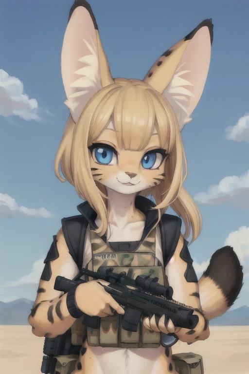 (Nothing there), ((masterpiece)) , ((Highest quality)), shape, Serval cat型獣人, Furry, Serval cat, Animal ears, tail, Body hair, One Girl, throw, Upper Body, One Girl, alone, Perfect hairstyle, Blonde, Black streaks in hair,　 *//*, blue eyes, *//*, Desert camouflage tactical vest, View your audience, smile,