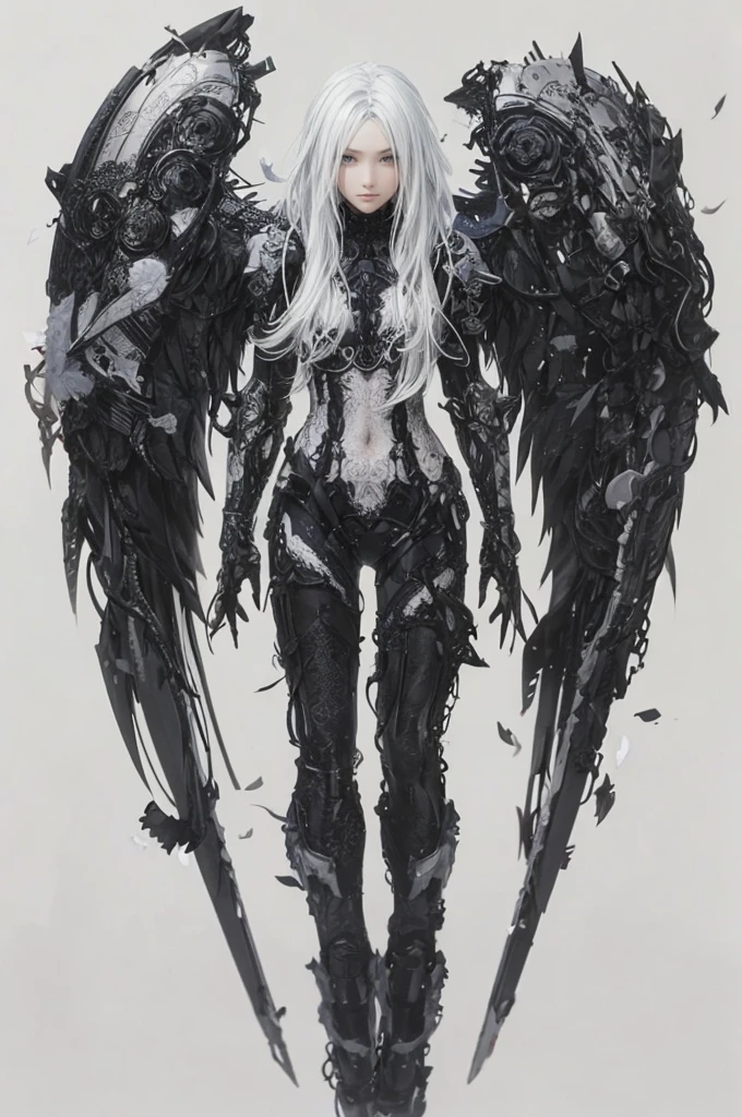 a beautiful flower angel, futuristic gothic style, extremely detailed face and body, anime-inspired, photorealistic, cinematic lighting, intricate floral patterns, ethereal wings, dramatic pose, moody color palette, volumetric light effects, hyper-realistic textures, ornate gothic architecture, stunning digital art