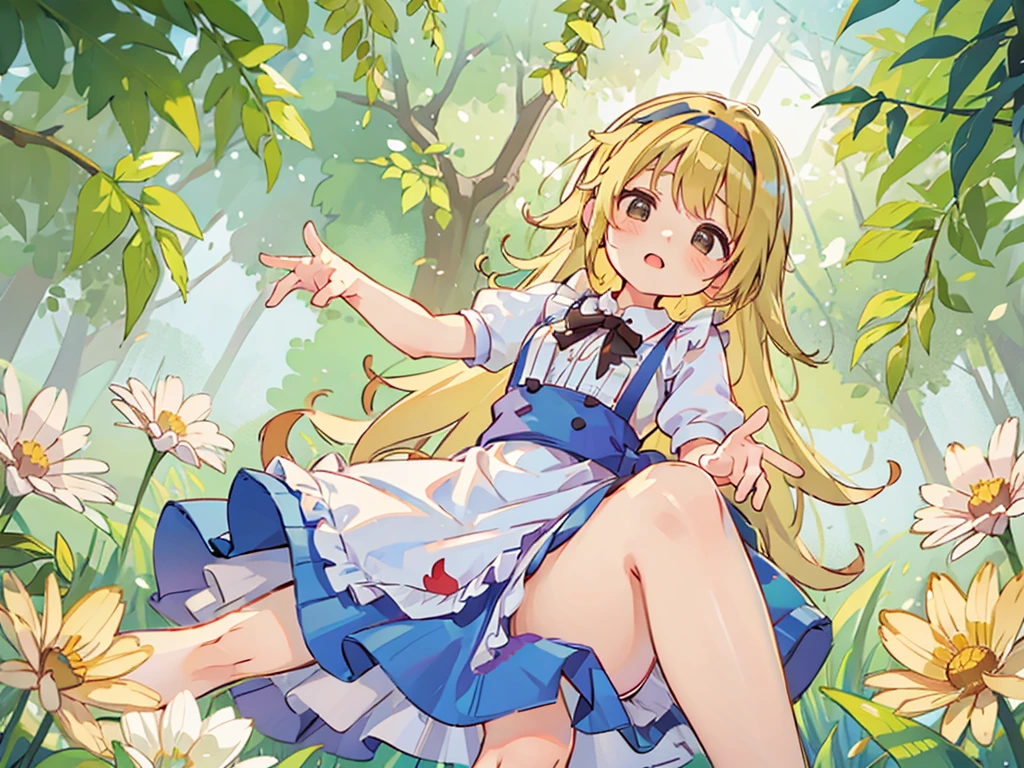 A with a cute Alice in Wonderland blonde wavy headband.、Sitting naked、She spreads her legs wide and shows her butt., anus, and small nipples.。I do not wear underwear。Pose seen from below。are small。Pose that shows your anus。 and anus are spread。Spreading legs with both hands。take off the apron dress。。NFSW