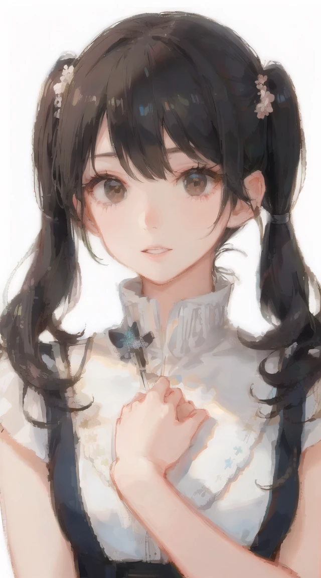 girl,full body,(detailed face:1.2), pure background,masterpiece, fashion,tokyo,harajuku,, medium hair, black hair, twintails, blunt bangs, brown eyes,