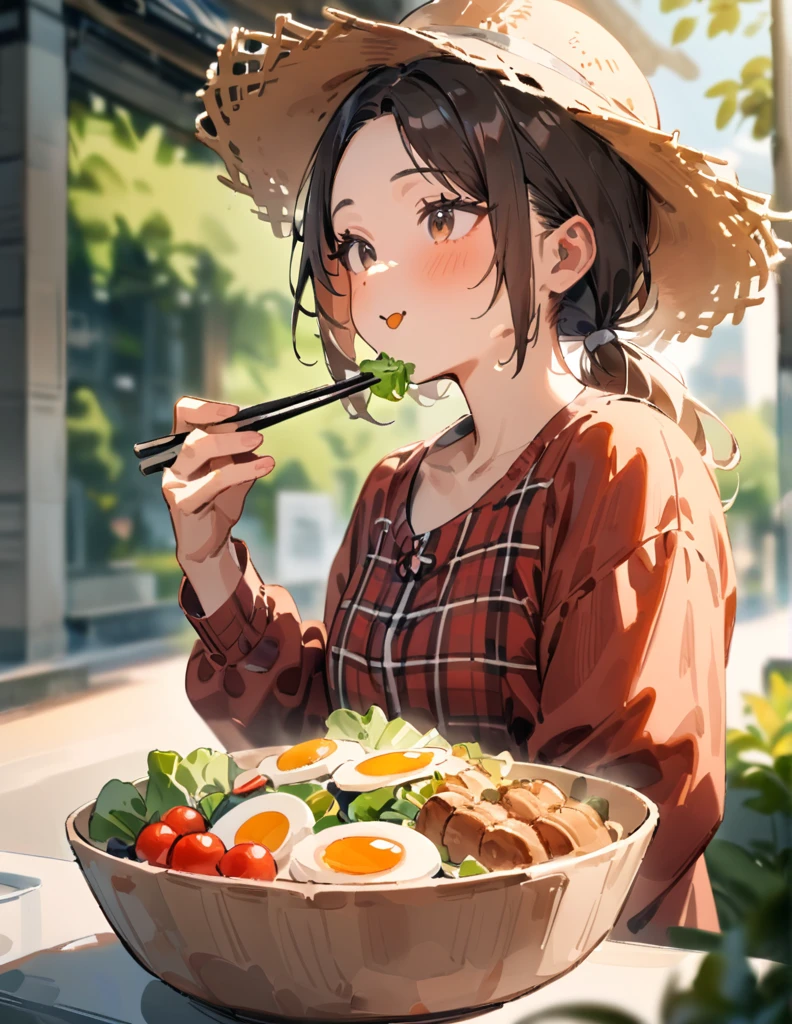 Masterpiece, best quality, very beautiful, high resolution, newest, 1 girl, solo, low ponytail, brown eyes, brown hair, straw hat, tartan plaid shirt, long sleeves, little smile, holding, upper body, outdoors, slightly open lips, food, daytime, blurry, from the front, salad, bowl, depth of field, blurry background, sunlight, eating salad, looking delicious, breakfast, holding chopsticks.
