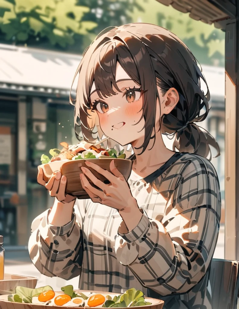 Masterpiece, best quality, very beautiful, high resolution, newest, 1 girl, solo, low ponytail, brown eyes, brown hair, straw hat, tartan plaid shirt, long sleeves, little smile, holding, upper body, outdoors, slightly open lips, food, daytime, blurry, from the front, salad, bowl, depth of field, blurry background, sunlight, eating salad, looking delicious, breakfast, holding chopsticks.