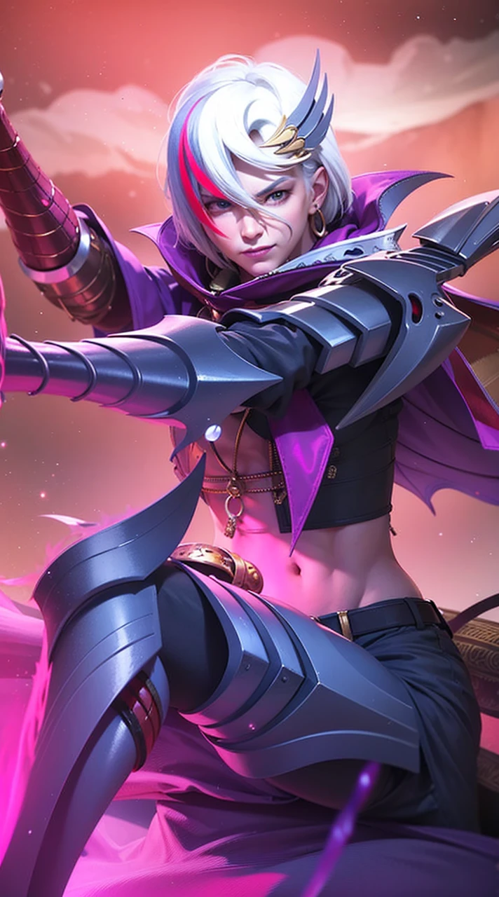 masculine male, masterpiece, ((perfect eyes)) best quality, (semirealism:1.9), beautiful lighting, (extremely detailed CG unity 4k fhd wallpaper), High Detail, Sharp focus, dramatic outdoors,40 years old, brown short hair, blue eyes, smile, Boy with two big horns, big earrings on ears, elf ear, red eyes, Thick eyebrows, evil smile, grinning,red body, red face, Burning skin, yellow diamonds glistening on chest, burning red skin,golden robe behind, big white belt , 8k , realistic, scary.
