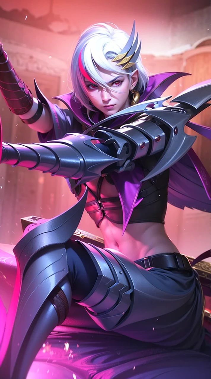 masculine male, masterpiece, ((perfect eyes)) best quality, (semirealism:1.9), beautiful lighting, (extremely detailed CG unity 4k fhd wallpaper), High Detail, Sharp focus, dramatic outdoors,40 years old, brown short hair, blue eyes, smile, Boy with two big horns, big earrings on ears, elf ear, red eyes, Thick eyebrows, evil smile, grinning,red body, red face, Burning skin, yellow diamonds glistening on chest, burning red skin,golden robe behind, big white belt , 8k , realistic, scary.