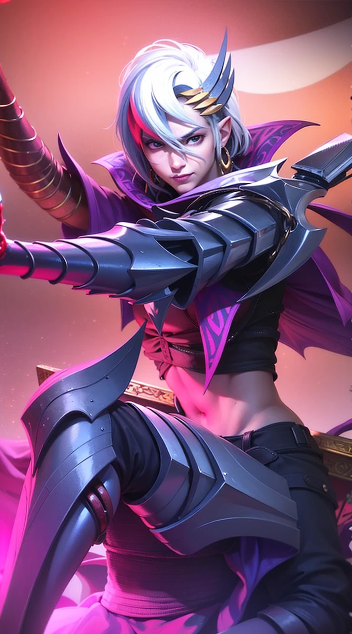 masculine male, masterpiece, ((perfect eyes)) best quality, (semirealism:1.9), beautiful lighting, (extremely detailed CG unity 4k fhd wallpaper), High Detail, Sharp focus, dramatic outdoors,40 years old, brown short hair, blue eyes, smile, Boy with two big horns, big earrings on ears, elf ear, red eyes, Thick eyebrows, evil smile, grinning,red body, red face, Burning skin, yellow diamonds glistening on chest, burning red skin,golden robe behind, big white belt , 8k , realistic, scary.