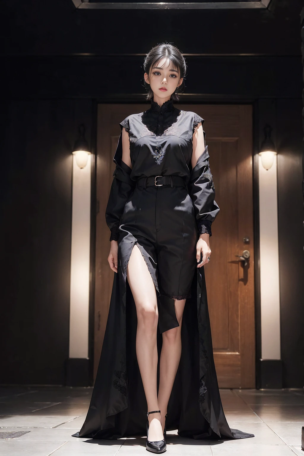 ((1 Full body female)) ,(Shot from the front and center), Looking at the camera, Center image, masterpiece,high resolution, It's absolutely beautiful, Facing the camera, High target and fit body,(Large Breasts : 1.3), white short hair with updo, (full coverage black Lace 制服, Embroidery Uniform, decorated 制服 and pants, Exquisite details of the and pants, black Lace stockings, warrior, Black gloves, Showing black boots, (Lace) , Lure:White hair, short hair (Hair on the back of the body), young people,(High target:1.5),Rich scene details,In war,permanent.