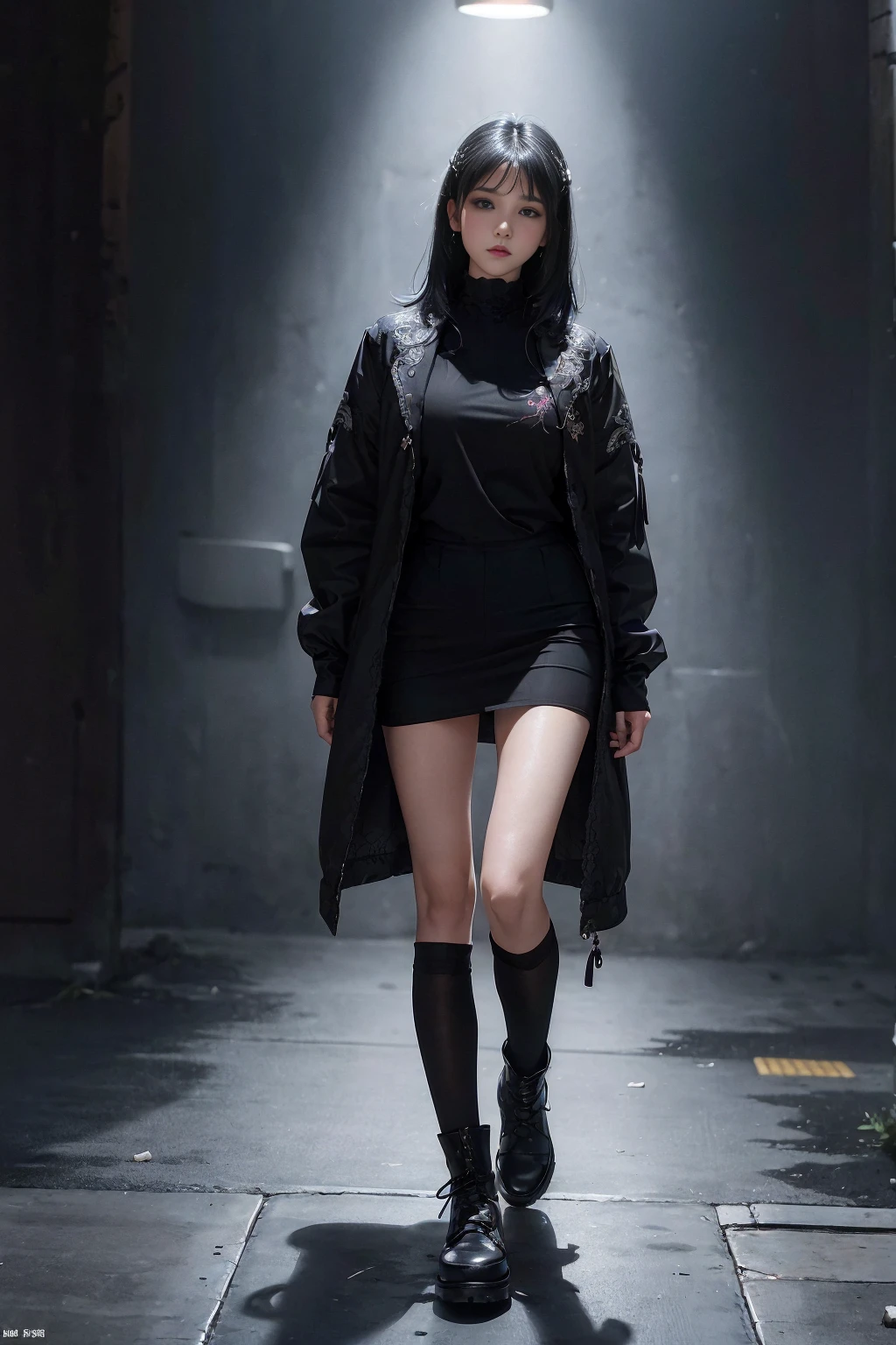 ((1 Full body female)) ,(Shot from the front and center), Looking at the camera, Center image, masterpiece,high resolution, It's absolutely beautiful, Facing the camera, High target and fit body,(Large Breasts : 1.3), white short hair with updo, (full coverage black Lace 制服, Embroidery Uniform, decorated 制服 and pants, Exquisite details of the and pants, black Lace stockings, warrior, Black gloves, Showing black boots, (Lace) , Lure:White hair, short hair (Hair on the back of the body), young people,(High target:1.5),Rich scene details,In war,permanent.
