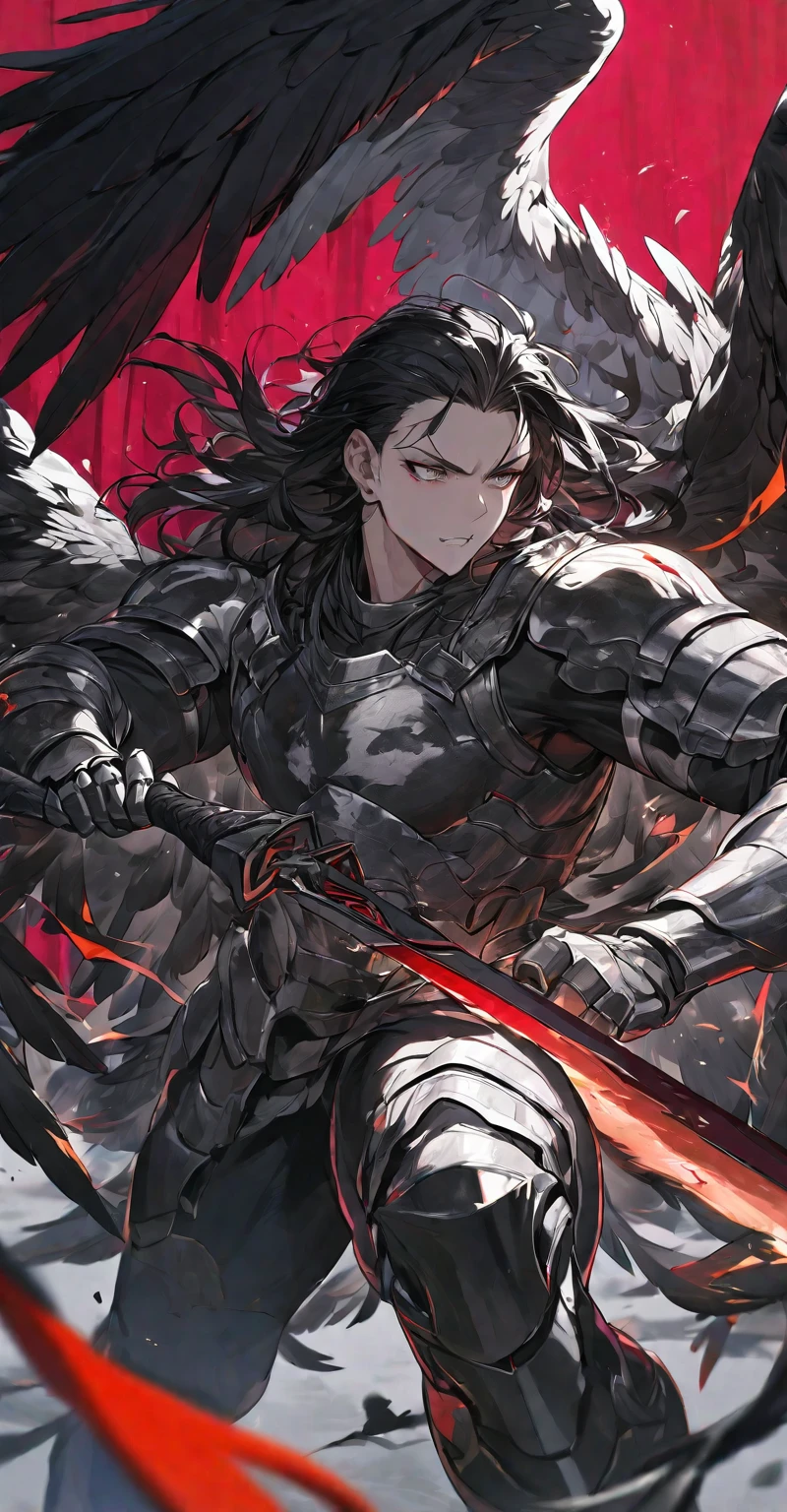 Best quality, one, beautiful, 1 man, tall man, with a sporty body, V-shaped body, wide shoulders, black detailed armour with bright white details, 10 black feathered wings, long hair, black hair covered with dirt and charcoal, neon white pupils (white eyes), the man has a huge sword in his hand, in a fighting position, against the background of Black miasma with shades of red