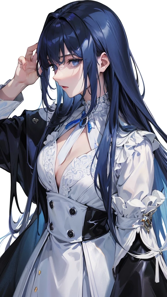 (Top resolution、Distinct_image)top-quality、femele、​masterpiece、highly detailed、Semi-realistic、blue  eyes、18year old、young、cool clothing、Exquisite facial features、Facial features、unique hairstyle, variations, potrait, white background,   dark blue hair , long straight hairstyles, wear black suits, Mafia 