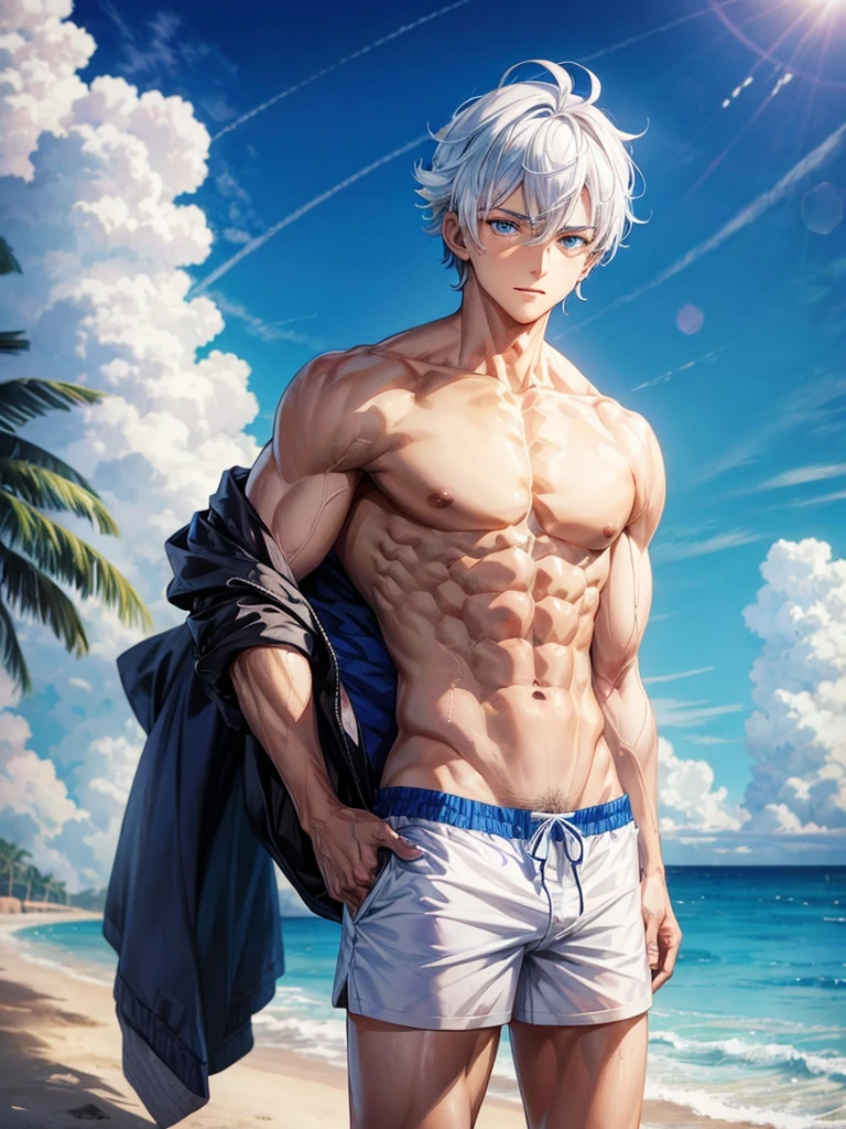 Anime guy about 15, shirtless, with blue eyes and white hair, muscular, 6 pack abs, with white shorts, on the beach