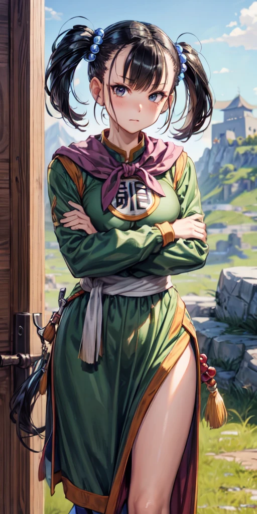 masterpiece, best quality, 4k, 8k, fighter (dq3), 1girl, solo, long hair, twintails, looking at viewer, black hair, hair ornament, long sleeves, dress, medium breasts, closed mouth, cowboy shot, black eyes, arm up, chinese clothes, hair bobbles, clenched hand, Standing Upright, Crossed Arms, Ancient Castle,