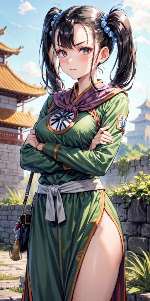 masterpiece, best quality, 4k, 8k, fighter (dq3), 1girl, solo, long hair, twintails, looking at viewer, black hair, hair ornament, long sleeves, dress, medium breasts, closed mouth, cowboy shot, black eyes, arm up, chinese clothes, hair bobbles, clenched hand, Standing Upright, Crossed Arms, Ancient Castle,