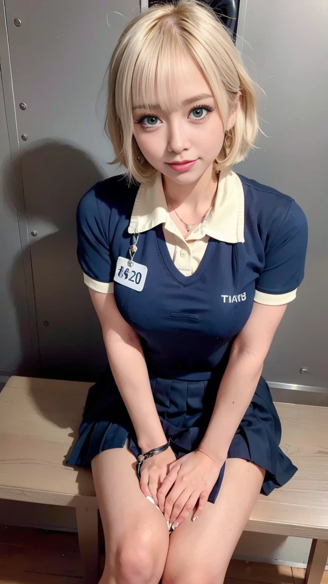 Heavy makeup,16 years old,smile,blonde,Wavy Short Hair,Japanese,(Uniform polo shirt:1.2),Pleated skirt, Micro Mini Skirt, loafers, whole body,Beautiful thighs,Sitting,(Real schoolgirl:1.3),(Honor student),Classroom during lesson,Spread your legs,blue eyes:1.1,necklace、bracelet,Earrings,ring