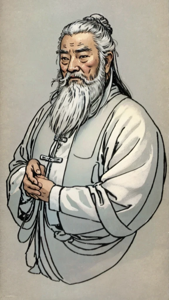 Oriental、Old man in plain white ancient Chinese costume、Ancient Chinese hairstyle old man、Highest quality、masterpiece、Ultra-high resolution、(Realistic:1.4)、Game Poster、Crisp and beautiful image quality、Gray Hair、white and long beard,,(whole body)