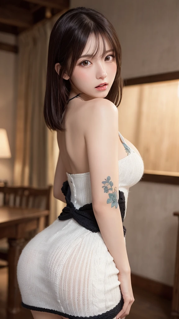 masutepiece, Best Quality, Illustration, Ultra-detailed, finely detail, hight resolution, 8K Wallpaper, Perfect dynamic composition, Beautiful detailed eyes, Natural Lip, mediumaquamarine knitted dress , Big breasts, cleavage , Random (very sexual poses) , show me your sexy butt