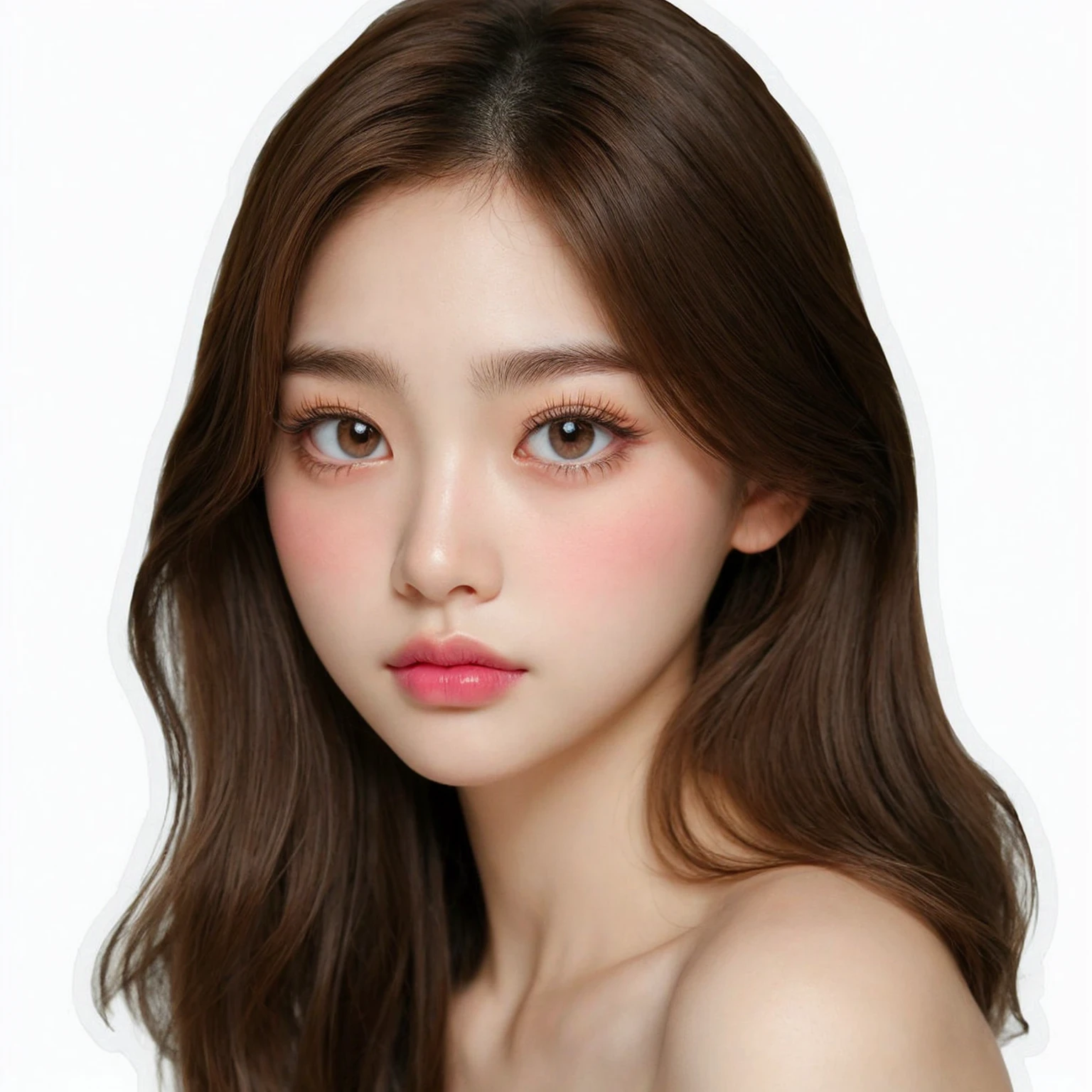 young korean girl, detailed face, beautiful detailed eyes, random color eyes, beautiful detailed lips, extremely detailed face, long eyelashes, upper body, random hair length, random hair color, (white background), no background, (sticker)
