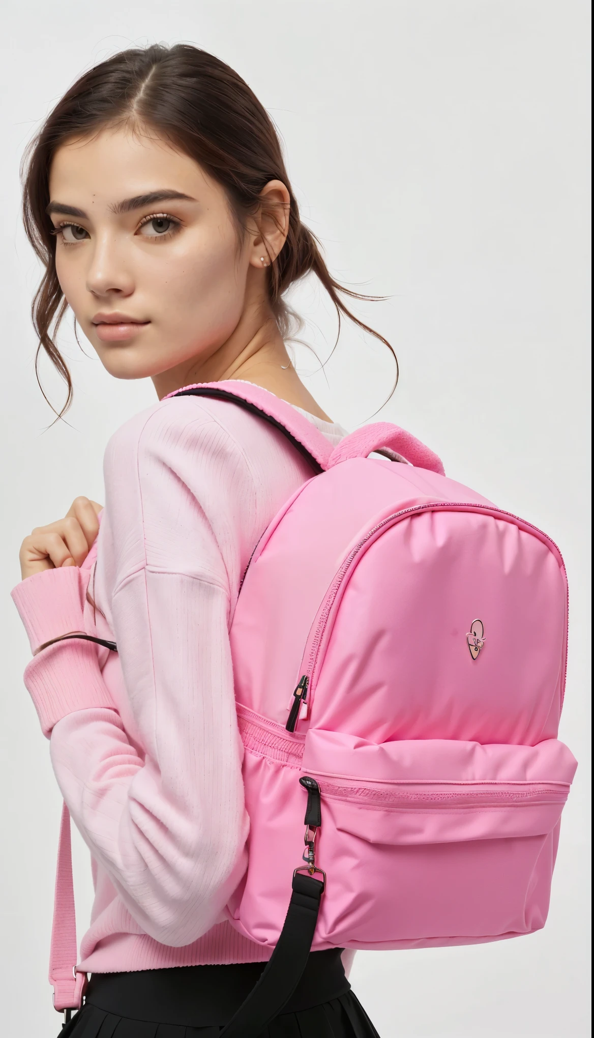 a woman in a pink sweater and black skirt holding a pink Mochila, Mochila, o saco da escola, a Mochila, with a Mochila, wearing strawberry Mochila, néon rosa pastel, Rosa neon, roupas rosa,  Rosa, dayglo rosa, vibração rosa, bolsas, detalhes rosa e rosa, 🤬 🤮 💕 🎀, imagem de perfil, detalhes em rosa, um pouco de rosa