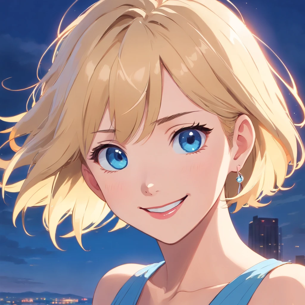 17 years old Women, ((Blonde)), ((Blue eyes)), ((Short hair)), ((Full shot)), very detailed makeup, pale pink lipstick, long earrings, smile with one hand on her face