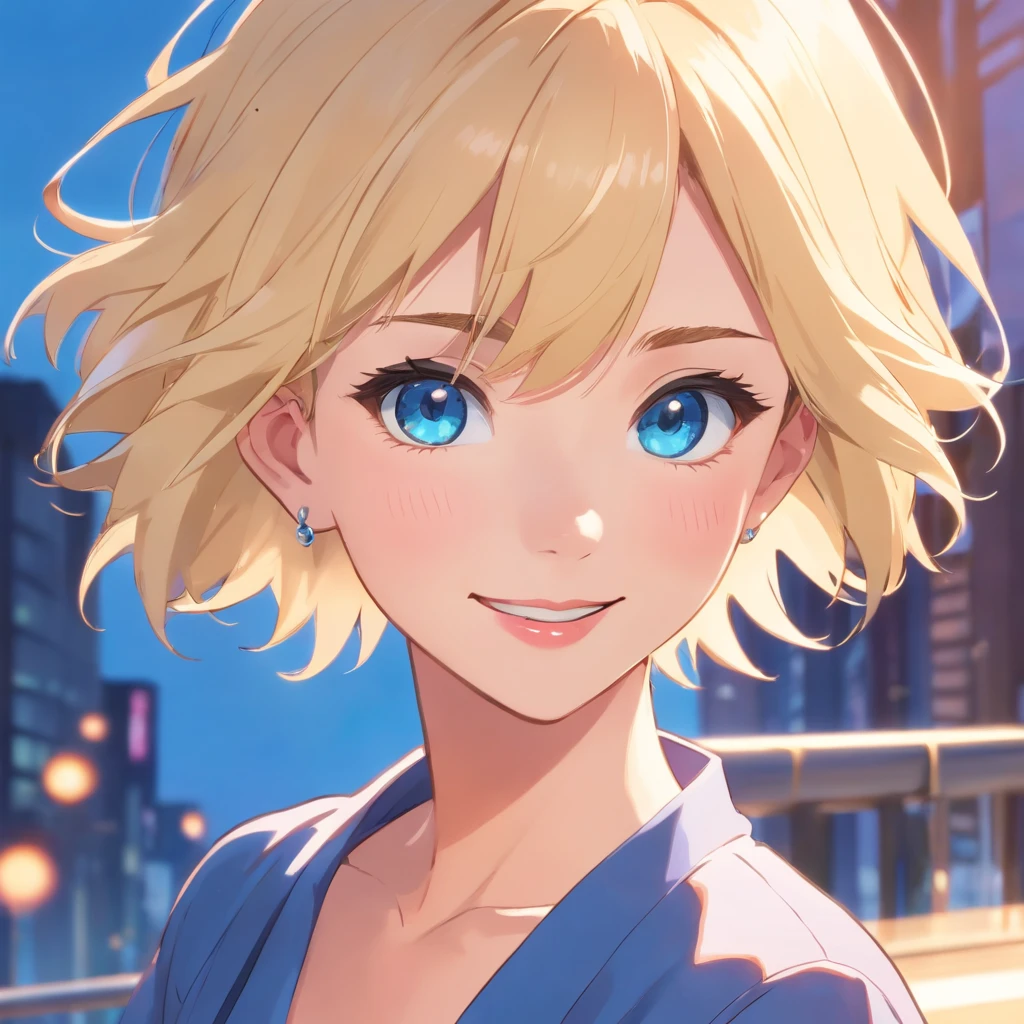 17 years old Women, ((Blonde)), ((Blue eyes)), ((Short hair)), ((Full shot)), very detailed makeup, pale pink lipstick, long earrings, smile with one hand on her face