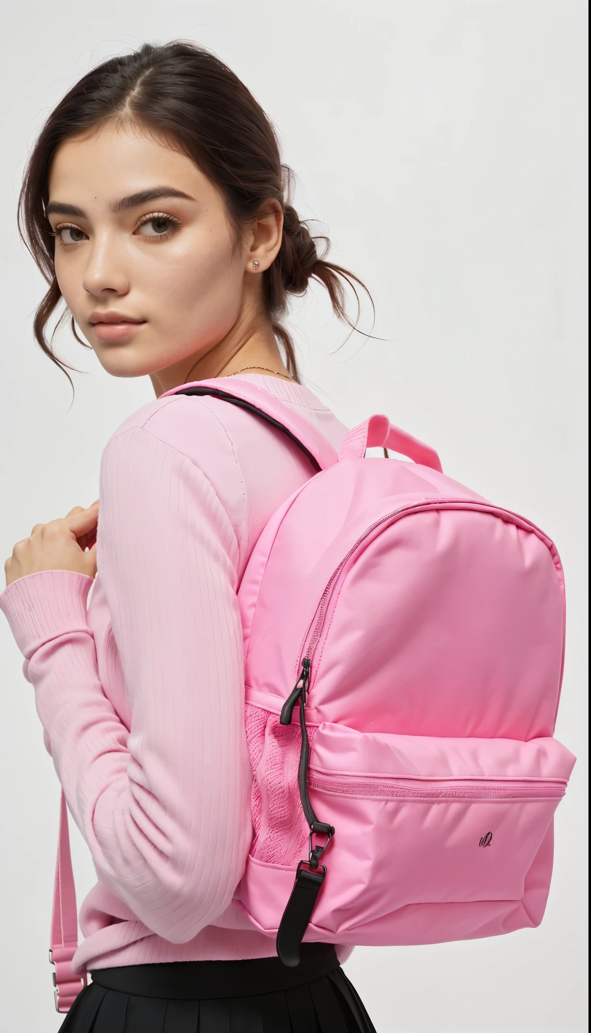 a woman in a pink sweater and black skirt holding a pink Mochila, Mochila, o saco da escola, a Mochila, with a Mochila, wearing strawberry Mochila, néon rosa pastel, Rosa neon, roupas rosa, Rosa, dayglo rosa, vibração rosa, bolsas, detalhes rosa e rosa, 🤬 🤮 💕 🎀, imagem de perfil, detalhes em rosa, um pouco de rosa