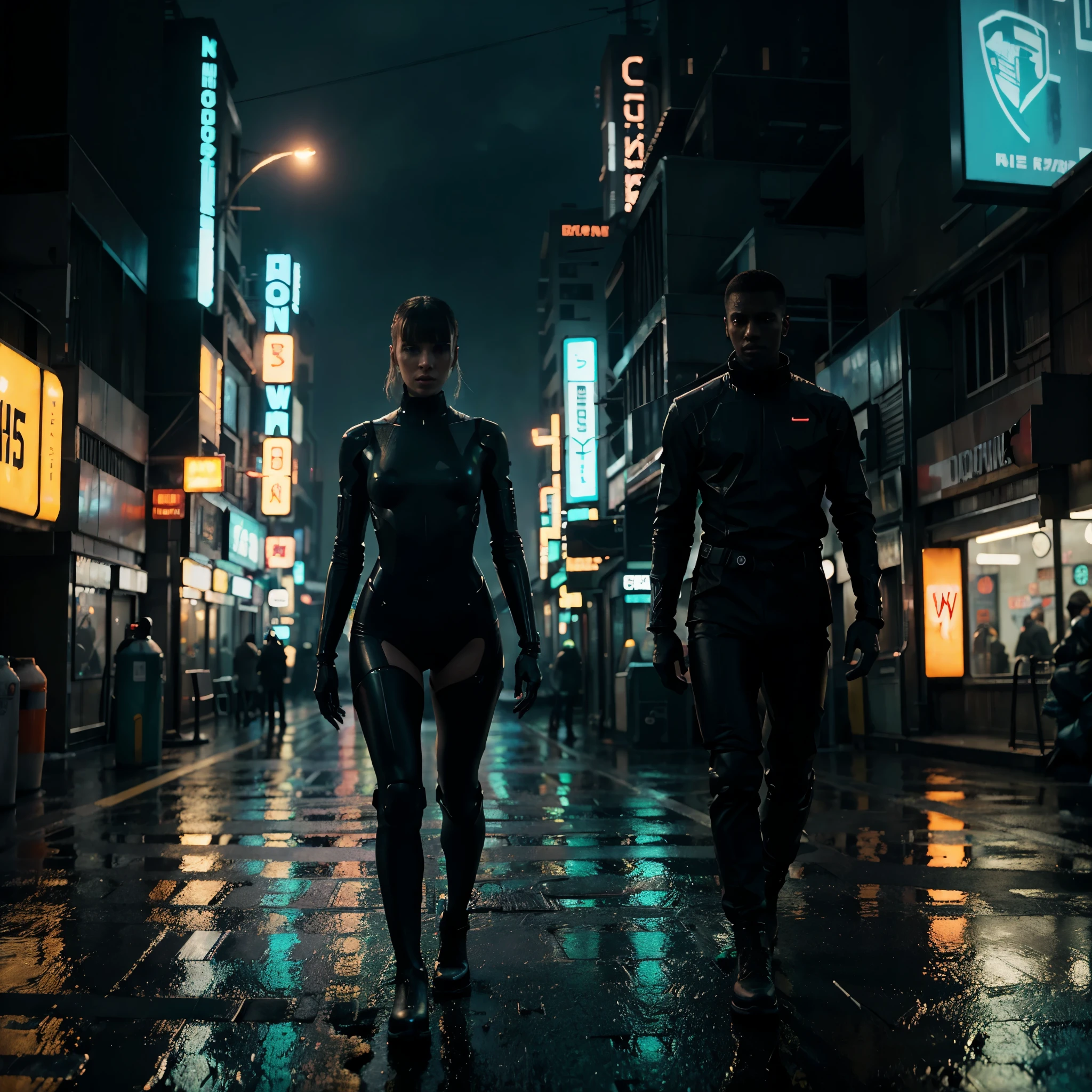 High detail RAW color photo of a sci-fi scene featuring a sleek,humanoid android robot with glowing features,riding a high tech through the neon-lit streets of a densely populated city during the heavy rain: ("Blade Runner 2049" and concept art style inspiration),while the environment is packed with details like neon sign boards,reflective pavements,and blurred lights in the backdrop,setting a futuristic cyberpunk aesthetic,natural colors,backlighting,depth of field,natural lighting,