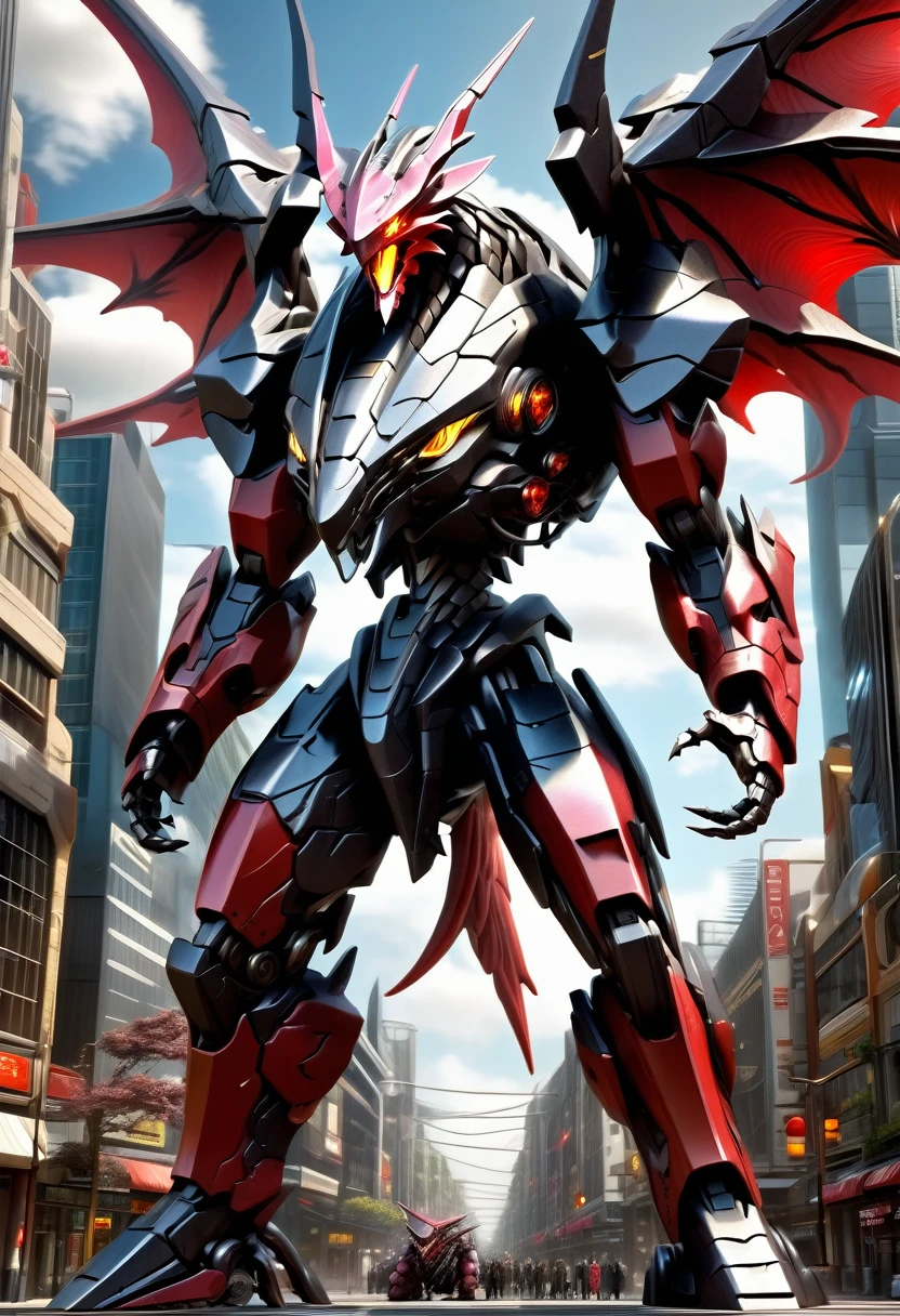 (High definition) (Detailed) (High quality) (highly detailed) (masterpiece) (perfection)
(((Giant dragon))), (((robot)), (((futuristic))), (((full mechanic))) dark steel and titanium, metallic body, strong arms, long clawns, red ayes.
Walking a trought of a futuristic city whit many people, scared people