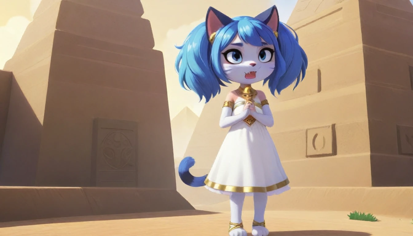 1girl，Artist Name，Egyptian cat，Blue Hair，skin，Keep your mouth shut，Wear，whole body，solo，Standing，猫Tail，Keep your mouth shut，Wear，Looking at the audience,Animal Crossing Furry, Blue Hair, Hair accessories, 黄skin, black eyes, White Dress, Tail, Egyptian Pyramids，mummy，Sunlight，sunny，(masterpiece), ((best quality), Detailed background, masterpiece, best quality, high quality, absurd, The award-winning, professional, Very detailed