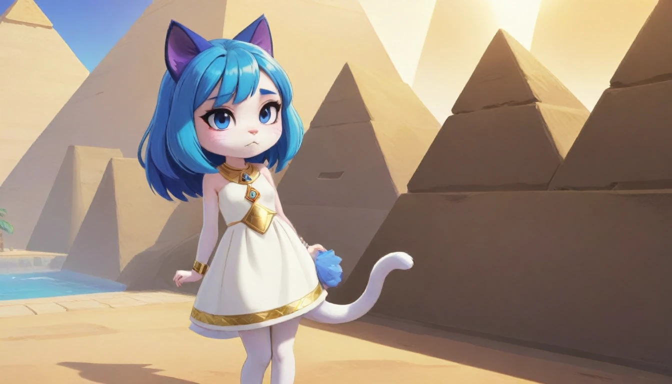 1girl，Artist Name，Egyptian cat，Blue Hair，skin，Keep your mouth shut，Wear，whole body，solo，Standing，猫Tail，Keep your mouth shut，Wear，Looking at the audience,Animal Crossing Furry, Blue Hair, Hair accessories, 黄skin, black eyes, White Dress, Tail, Egyptian Pyramids，mummy，Sunlight，sunny，(masterpiece), ((best quality), Detailed background, masterpiece, best quality, high quality, absurd, The award-winning, professional, Very detailed