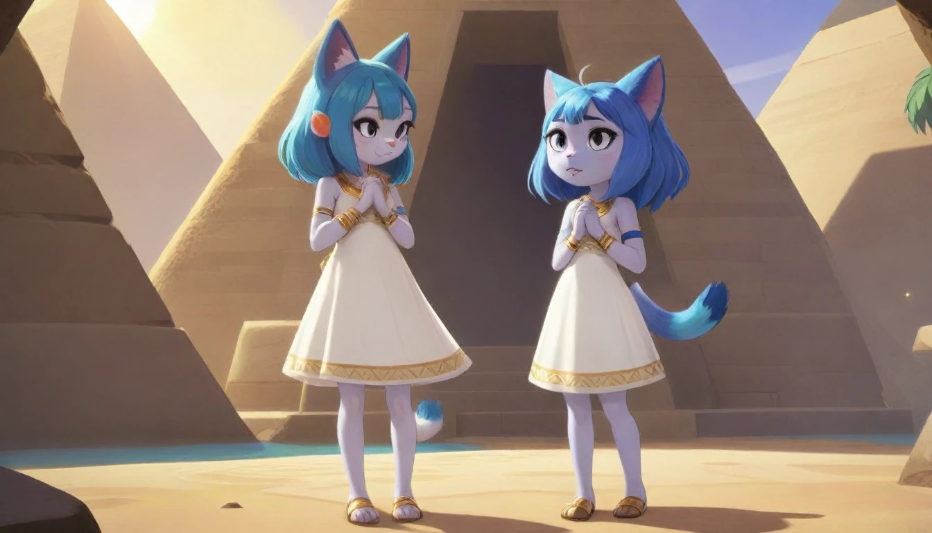 1girl，Artist Name，Egyptian cat，Blue Hair，skin，Keep your mouth shut，Wear，whole body，solo，Standing，猫Tail，Keep your mouth shut，Wear，Looking at the audience,Animal Crossing Furry, Blue Hair, Hair accessories, 黄skin, black eyes, White Dress, Tail, Egyptian Pyramids，mummy，Sunlight，sunny，(masterpiece), ((best quality), Detailed background, masterpiece, best quality, high quality, absurd, The award-winning, professional, Very detailed