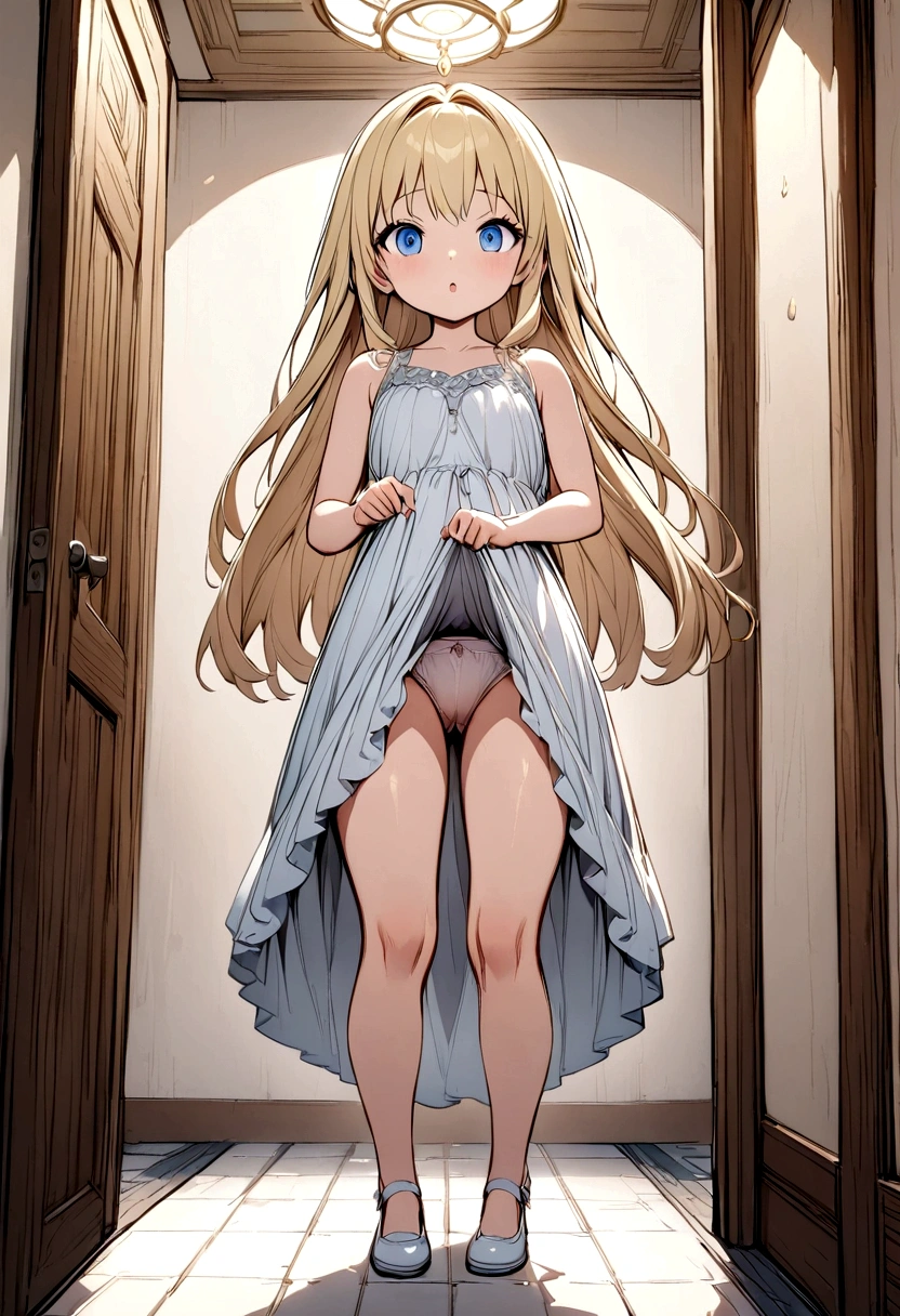 Anime. . Princess. Blonde. Long hair. Blue eyes. Beautiful eyes. Light dress. Shoes. Urinary incontinence. Pee. Wants to pee. I need to pee. A very strong, desperate urge to pee. presses his hand tightly to his crotch. I peed. Pees while standing. Pissing to himself. Pissing in panties. I peed myself. Urine runs down my thighs. There is a wet spot on the crotch of the dress. The girl can't stand straight. Fantasy city. Lock. Corridor . At the entrance to the toilet. Full height. Standing. Full body.