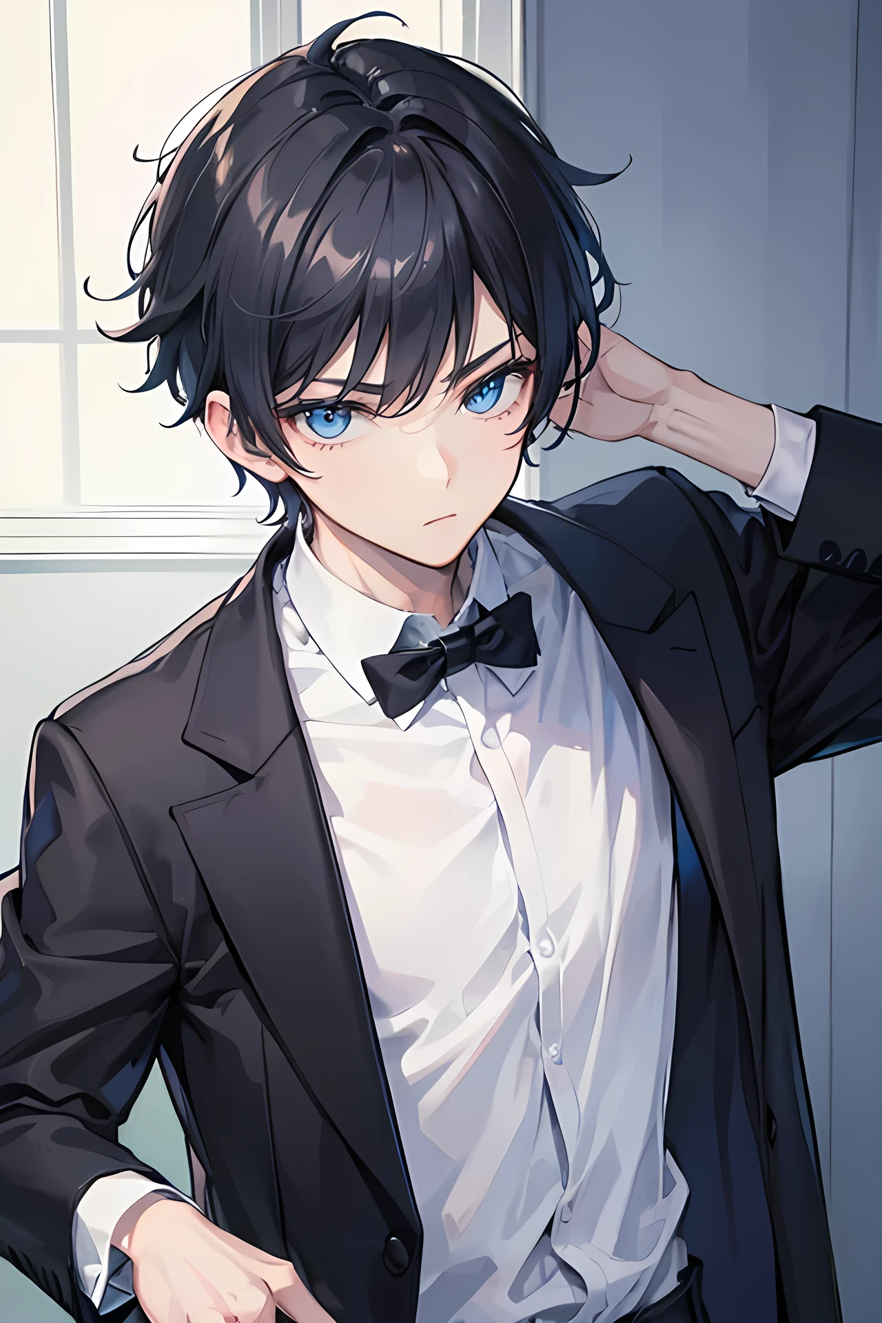 Young man, black short hair, blue eyes, modern style, handsome boy, cool boy, teenage boy, stylist