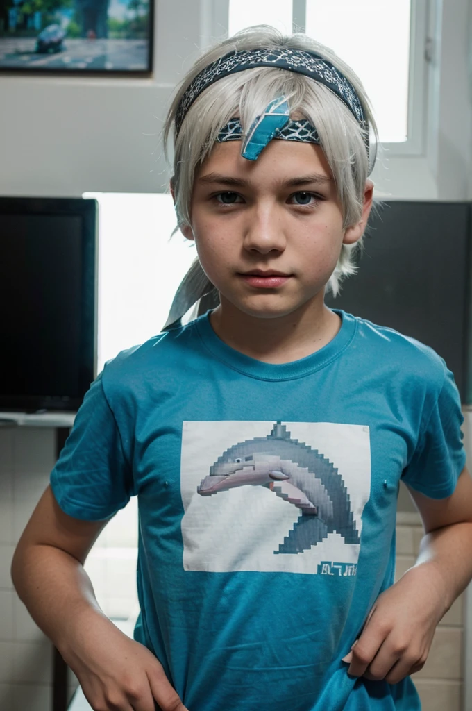 
A white-haired boy wearing a headband wears a t-shirt with a picture of a Minecraft character dolphin