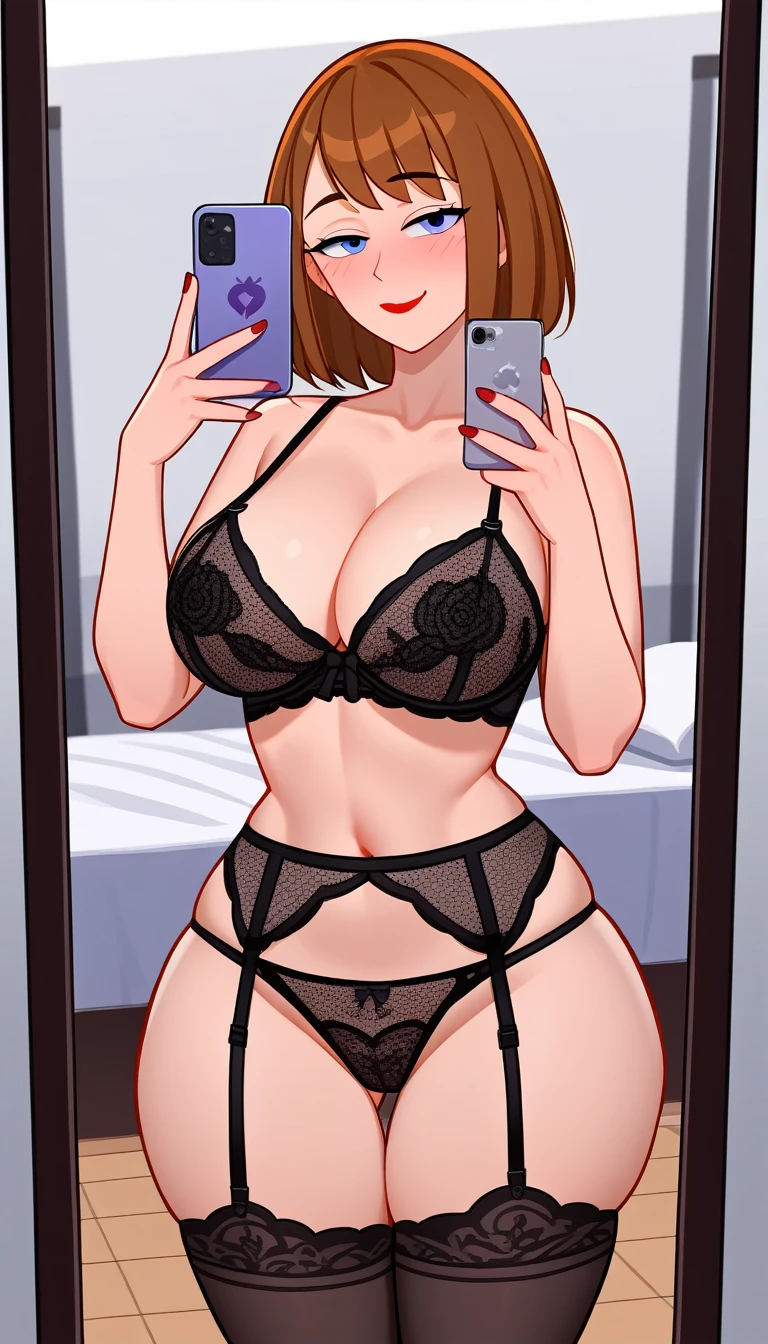 NSFW maddie fenton, 8k, detailed, pixiv art, sending a sultry mirror selfie, solo mature woman, sexy lingerie with thigh high socks and garter belt, curvy physique, massive ass, incest, solo woman, 1woman, 1 person, wants to be your girlfriend even though she is your mother, a guilty passion, twisted dark sexual feelings, sultry look on her face, sexy provocative face