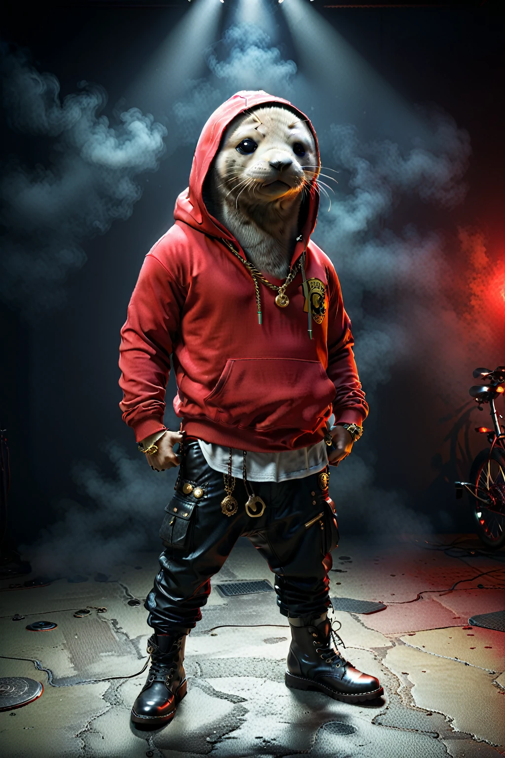 So you can edit it later、An anthropomorphic seal wearing a red hoodie with a space above its head and flashy colorful accessories, striking a unique pose, with a rugged, muscular build.、Big face、Realな顔
赤色の背景に怪しげな煙、A mysterious red light pierces it. The light also shines on the character, making it clearly visible. Create an image with this composition according to the following rules.。
High resolution textures、Texture、Realなディテール、
The background is dark、Mysterious and、There is a good atmosphere、Dramatic lighting and high contrast images、Extremely high resolution to create photo-realistic card game patterns。
The design will be surrounded by a border、80 from the center of the space so that the character is not hidden%Please。
Use indirect lighting and textured backgroundake the central character stand out。
Full body portrait、Dynamic pose。
にかくテクスチャがRealで細かいファッションの服。
Fashionable sneakers、boots、Sandals、hat、Smoke Accessories Necklace、Earrings、ring、bandana car、bike、Tattoos etc.、Choose according to your outfit and mood。
Real、8K
(masterpiece、Highest quality、high detail、超Real:1.2)、
Anthropomorphic animals、Full body portrait
(Photorealistic:1.4), Cinematic lighting, 8K UHD、
Professional Photography、
(詳細な毛皮のTexture:1.3), Expressive eyes、
Designer clothing、Luxury Brands、
(Perfect tailoring:1.2), High Fashion Accessor
Moody atmosphere、Dramatic Shadows、
High contrast lighting、Depth of written boundary、
Film Grain、Color Grading、
(Color Palette:1.3)、(Calm earth colors:1.2)、
(Rich Brown:1.1)、(Deep Gray:1.1)、(subtle gold accents:1.0)、
(warm color:1.1)、(Color harmony:1.2)、
(Soft diffused lighting:1.2)、(Rim lighting:1.1)、
(Volumetric Lighting:1.0), (Ambient Occlusion:1.1)