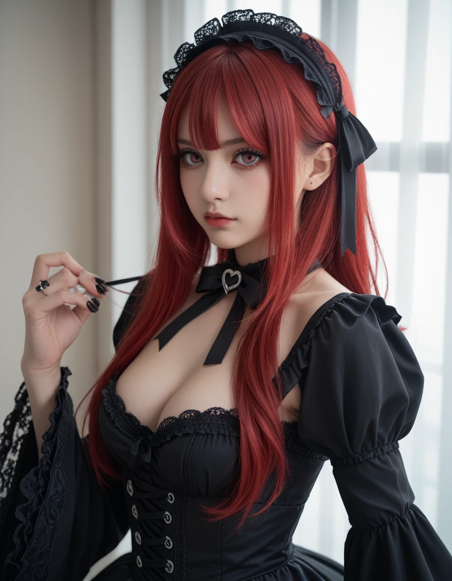 score_9, score_8_up, score_7_up,high quality,1 japanese girl, gothic atmosphere, (gothic ta:1.5),ribbon ,(NSFW:1.5), breasts ,(red hair:1.5),