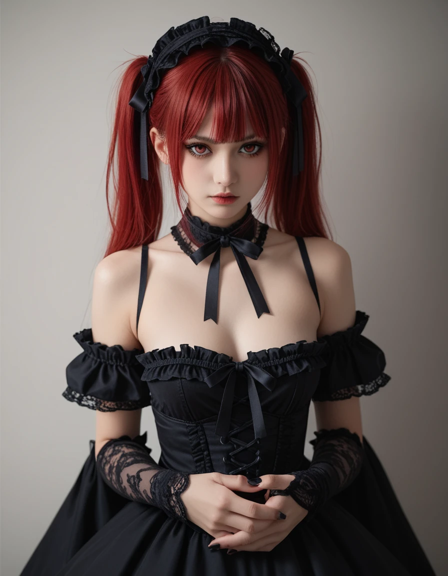 (masterpiece, best quality), 1girl, red hair, medium chest, gothic frill dress, pervert face,