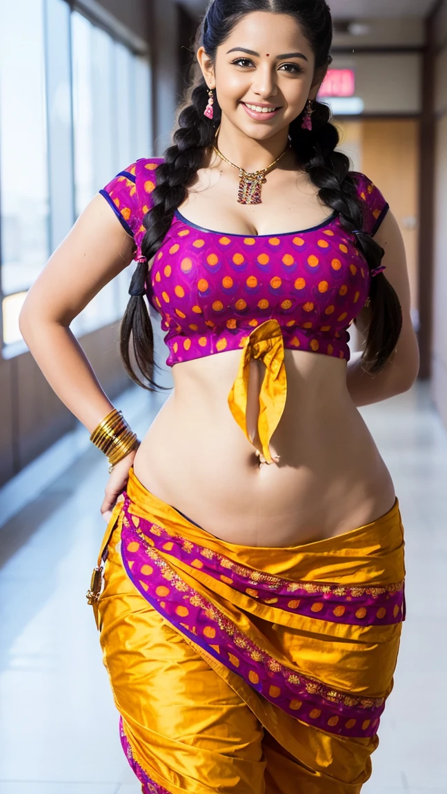 HD wallpaper 32k cinematic shoot of a Beautiful cute girl, with thick thighs and a curvy waist, twin braids, wearing an Indian blouse top, horny, seductively, in a school corridor, dotted blouse top, smiling, ((long curvy waist)), ((lowwaist)), ((curvy waist))