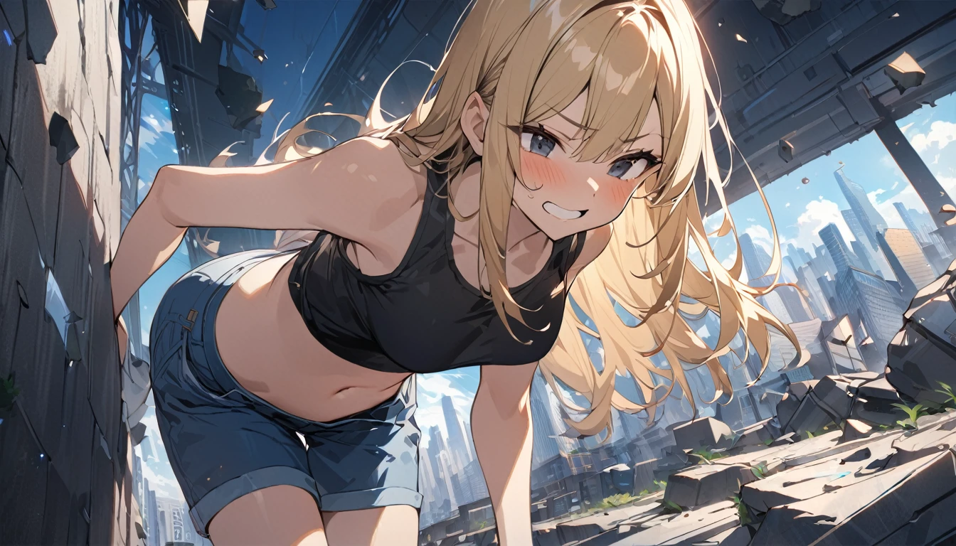 最high quality、best image quality、masterpiece、((22-year-old、 By becoming、vest bust、medium bust、black eye, blonde hair、Habitual hair、long hair、thin,highest valley、navel black tank top、blue shorts、smug face、leaning forward)),high quality、beautiful art、background((Bright city、wall、))debris flies、Depth of written boundary、movie、visual art、perfect art、8K,genuine