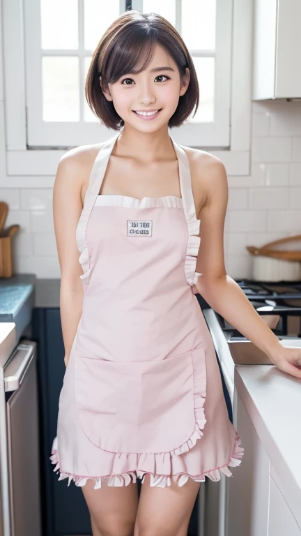 ((Highest quality, 8K, RAW Photos, masterpiece :1.3)), (Realistic、Photorealistic:1.37)、Very detailed、Ultra-high resolution, (Professional Lighting), ((From below:1.2)),((Full body photo)),alone, 1 female, alone, (18-year-old), Japanese, Beautiful and elaborate face, Shining Eyes, Brown eyes,Small breasts､ Small breasts:1.3,(Nogizaka-style beautiful girl) , Fine and beautiful skin, Skin Texture, Blue Kitchen, 
(Healthy Smile), (Pale pink string panties, Brown Hair),(Naked Apron:1.5、Tiny ruffled apron:1.3), Recall,
girl,alone、Looking to the side