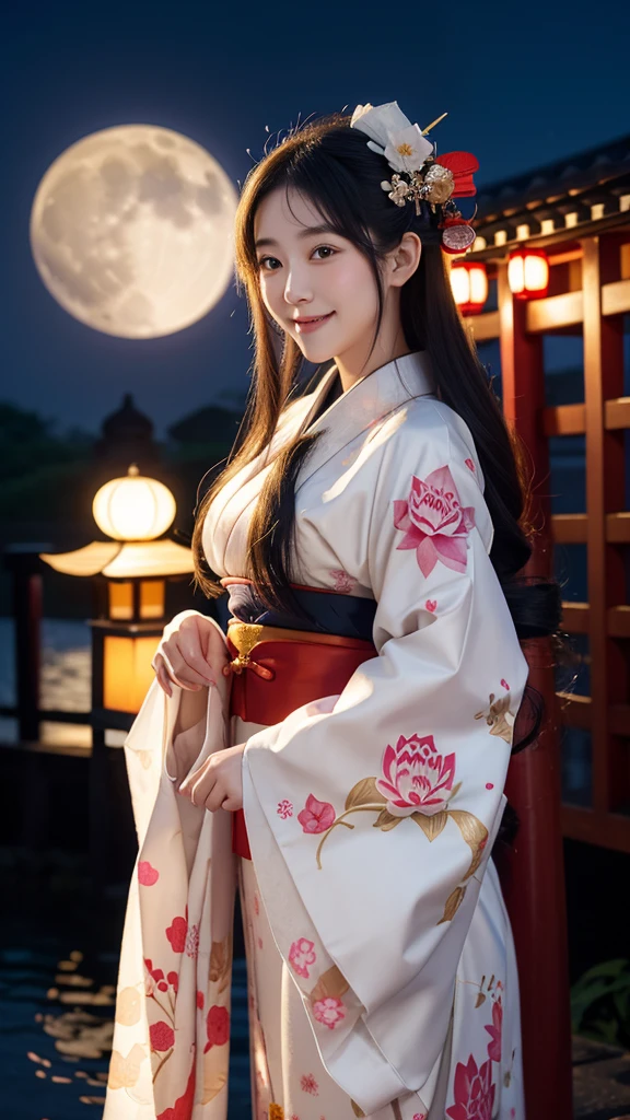 Love shrine maiden goddess, cheeks flushed, early 20s, mysterious twelve-layered kimono, decorated kimono and mysterious hair ornament, big smile, sparkling eyes, night moon and lotus flower background, Japanese