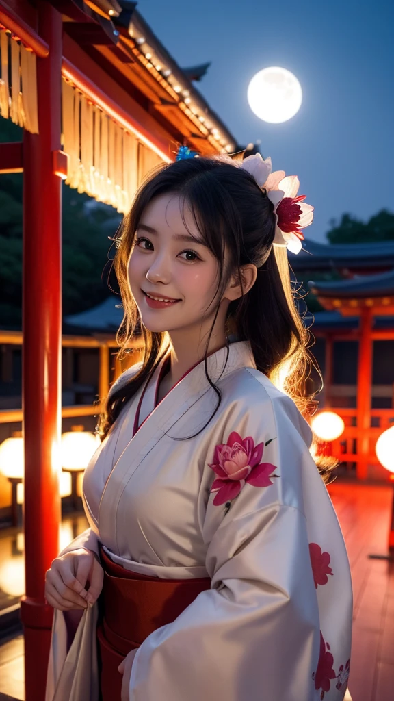 Love shrine maiden goddess, cheeks flushed, early 20s, mysterious twelve-layered kimono, decorated kimono and mysterious hair ornament, big smile, sparkling eyes, night moon and lotus flower background, Japanese